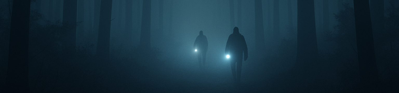 Silhouettes with flashlights in a foggy forest used as a banner for the About Skywatch Signs page