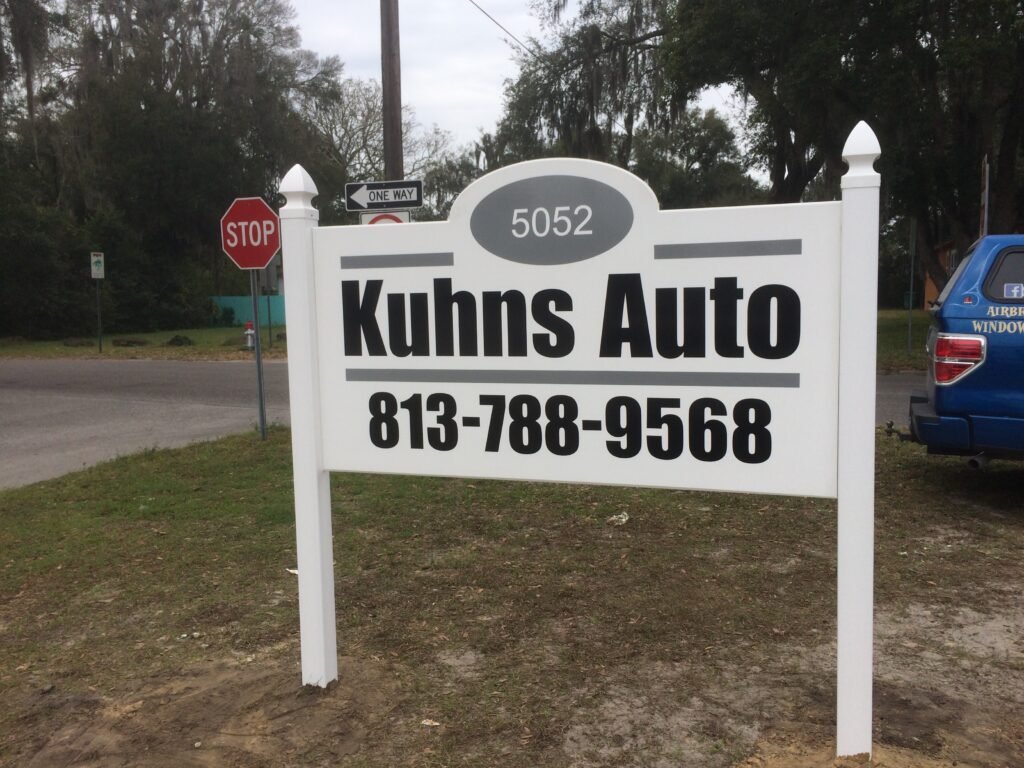 Custom Signage – Kuhns Auto PVC sign with Vinyl posts.