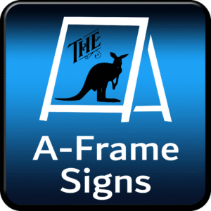 Blue icon of a folding A-frame signboard – represents portable sidewalk signage.
