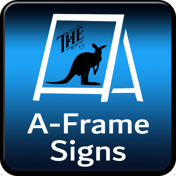 Blue icon of a folding A-frame signboard – represents portable sidewalk signage.