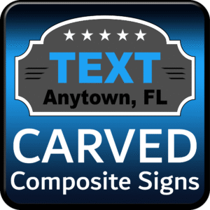 Gray and white icon labeled “CARVED Composite Signs” representing dimensional signage made from HDU, PVC, and metal.