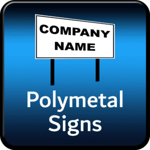 Sleek blue and silver icon with text “Polymetal Signs” – representing durable outdoor signage panels.