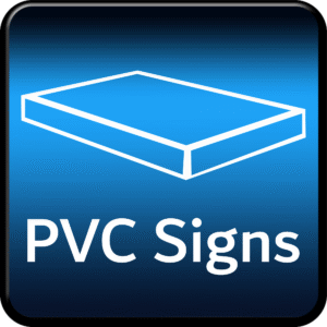 Blue square icon labeled PVC Signs – custom lightweight plastic signage for indoor and outdoor use.
