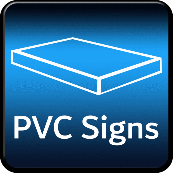 Blue square icon labeled PVC Signs – custom lightweight plastic signage for indoor and outdoor use.