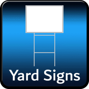 Blue square icon of a yard sign frame with blank panel – custom coroplast and campaign signs.