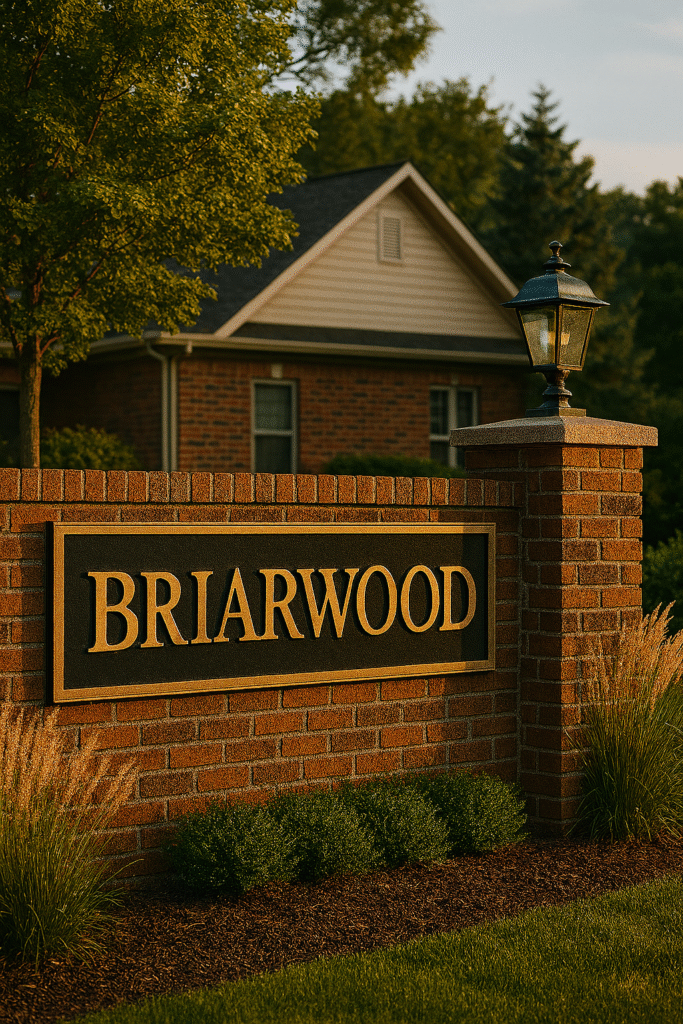 HOA monument sign in Florida with stone base, decorative lettering, and landscaped entry
