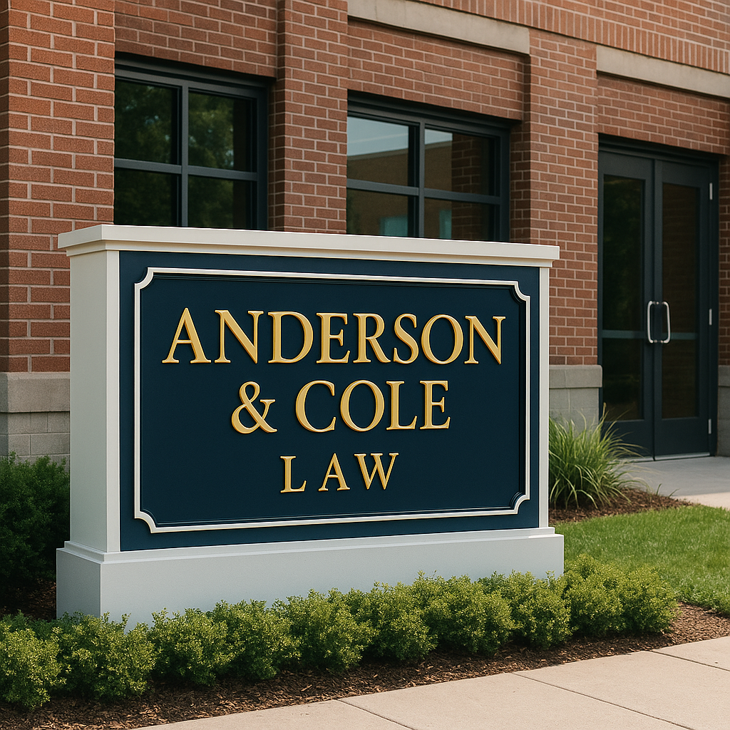 Law office monument sign in Florida with dark blue background, white trim, and gold leaf lettering