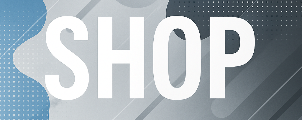 Shop Now Banner – Blue, Silver, and White with Bold Text and Futuristic Style