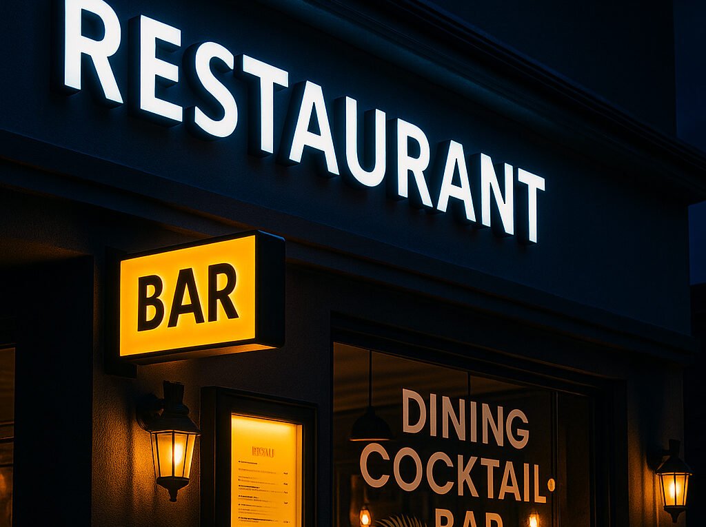 Custom restaurant and bar signage in Florida – illuminated channel letters, menu boards, and window graphics.