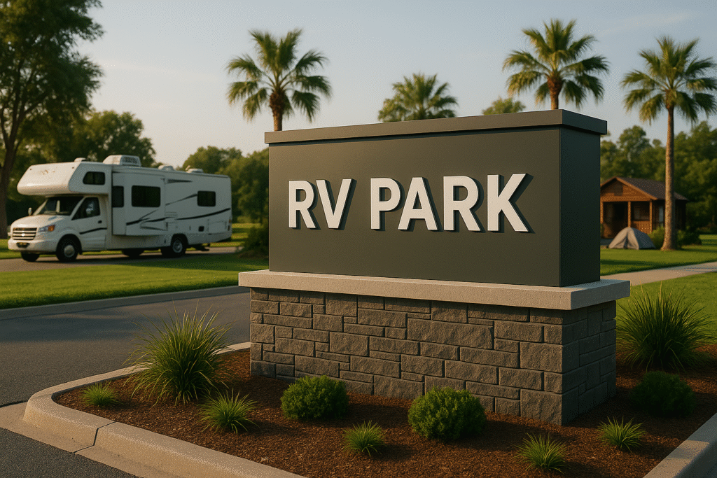 Monument sign for RV Parks and Campgrounds in Florida with palm trees, RV, and cabin in background
