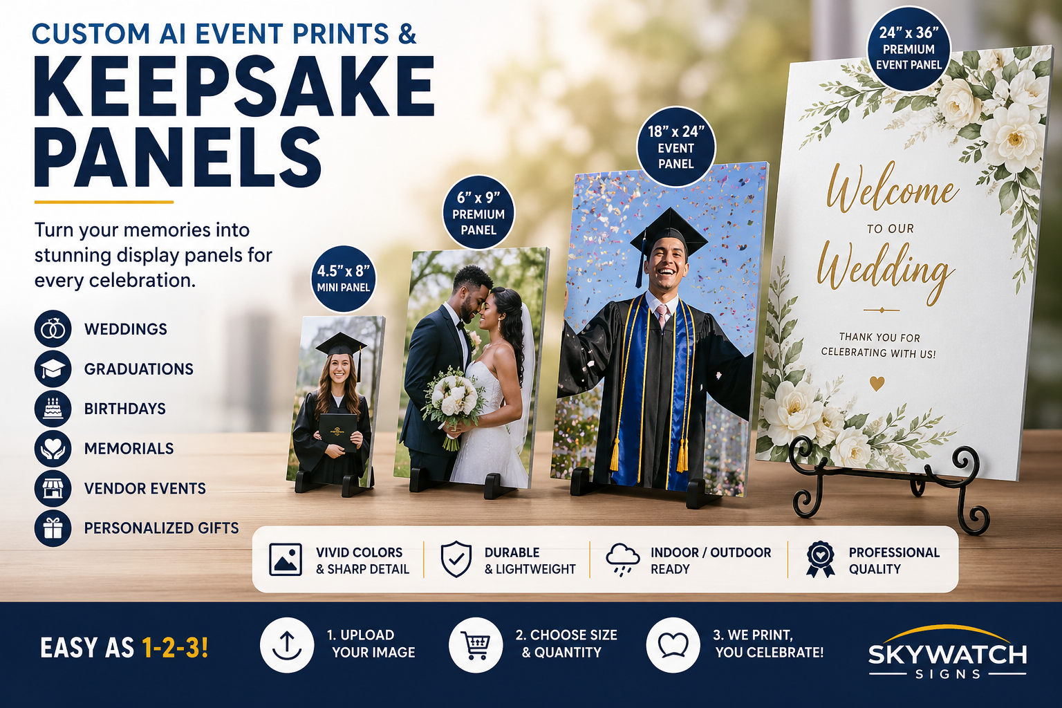 Custom AI event prints and keepsake panels by Skywatch Signs for weddings, graduations, birthdays, memorials, and personalized displays