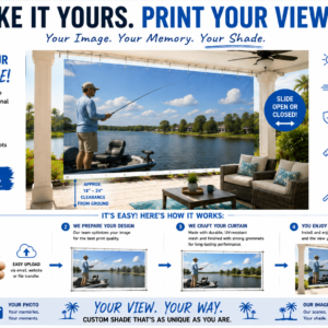 Custom photo Florida sun curtains for patios featuring personalized scenic shade using customer images.
