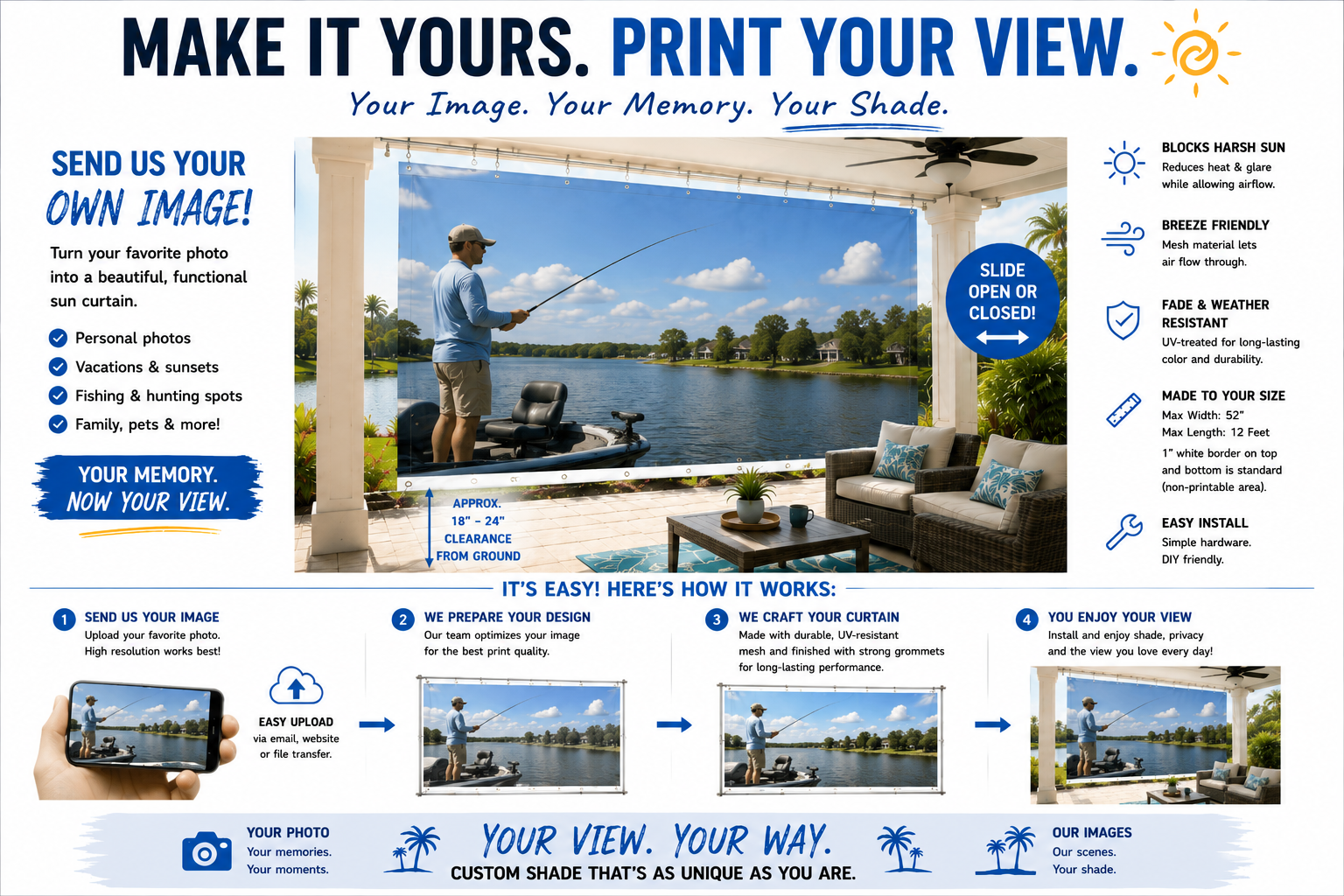 Custom photo Florida sun curtains for patios featuring personalized scenic shade using customer images.