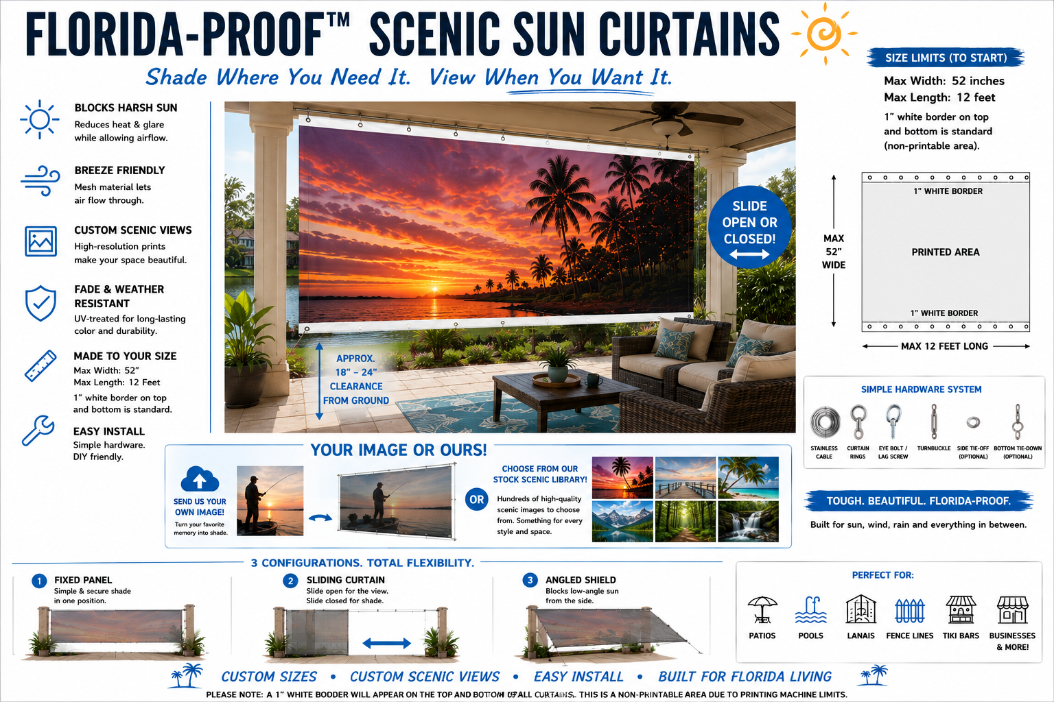 Florida-Proof scenic sun curtains for patios and lanais featuring custom scenic shade panels for Florida outdoor living.